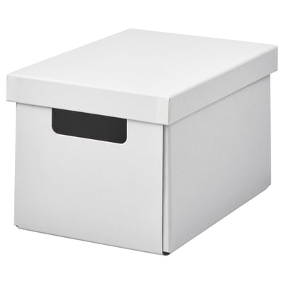 Eine weiße FJÄDERHARV-Aufbewahrungsbox mit Deckel und Griff aus Recyclingpapier.