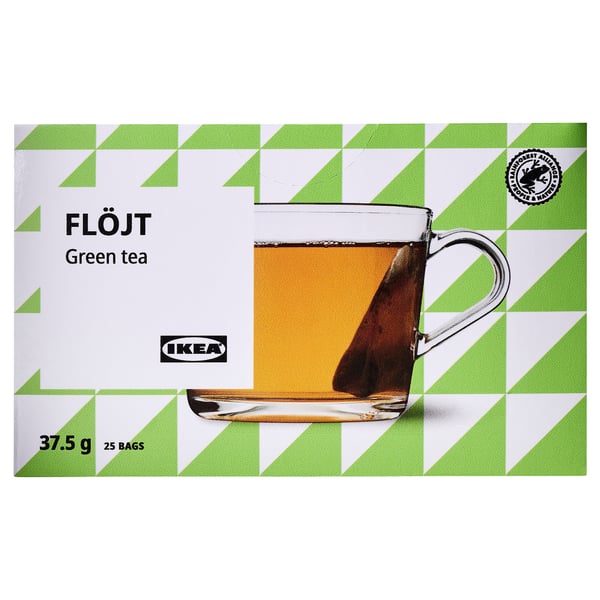 Schachtel mit ikea FLÖJT Grüntee, 25 Teebeutel, 37. 5g, geometrisches grünes Design.
