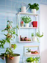 Heller Indoor-Garten mit weißen FÖRENLIG-Töpfen, in denen verschiedene Grünpflanzen an einer blau gefliesten Wand stehen.