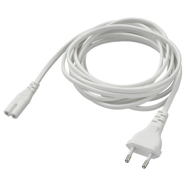 Ein weißes, gewickeltes FÖRNIMMA Netzkabel mit europäischem Stecker, hergestellt aus PVC-Kunststoff.
