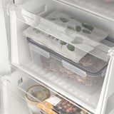 Öffnen Sie den Gefrierschrank mit einem Stapel Behälter. Eine mit Trauben gefüllt und eine andere mit abgedeckten Lebensmitteln.