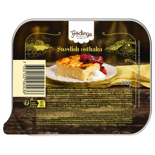 FRÖDINGE schwedische ostkaka Verpackung. Dessert auf dem Teller. Goldenes Etikett mit Bauernhofgrafiken.