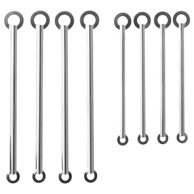 Acht Cocktailrührstäbchen aus silbernem Edelstahl, die in zwei Viererreihen angeordnet sind, jeweils mit einem Ring an beiden Enden.