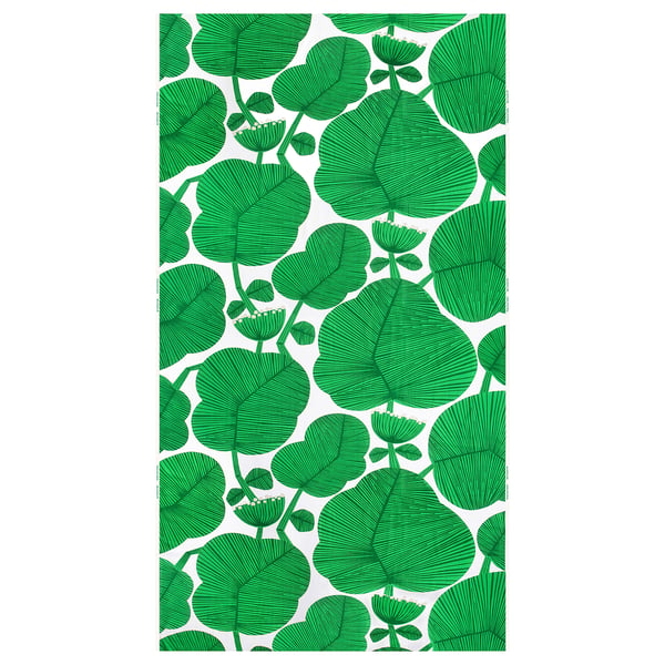FRUKOSTVÄRD: grüner Blattstoff, 300x150 cm, 100 % Baumwolle, recycelt, weißer Hintergrund, verspieltes Design.