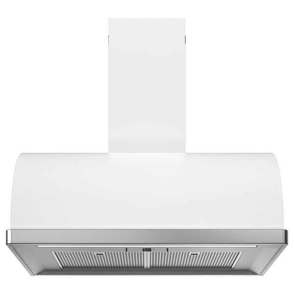 Weiße Dunstabzugshaube, abgerundetes modernes Design, LED-Leuchten.