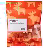 Packung FYRTAKT Geleebonbons mit Cola-Geschmack, mit Elchgrafiken, 100g. Gelatinefreie, natürliche Inhaltsstoffe.