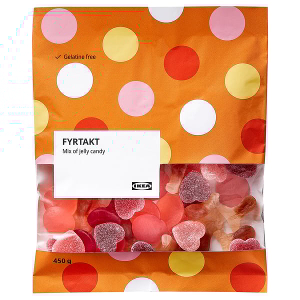 Ikea FYRTAKT Bonbontüte, 450g, orange Polka Dots, gelatinefrei, gemischte Geleearomen.