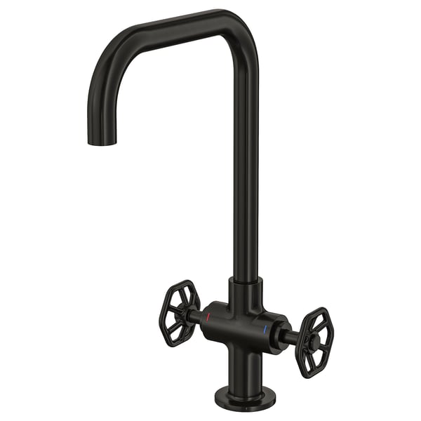 GAMLESJÖN schwarzer Wasserhahn aus Messing, Industriedesign, zwei Radgriffe.