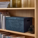 Bücherregal mit dunkelblauer Aufbewahrungsbox aus Samt und Griff, gefüllt mit Büchern und einer kleinen Vase.
