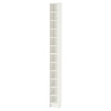 Weißes GNEDBY-Bücherregal, schlanke, hohe, verstellbare Regale, modernes Design, Spanplatten und Faserplattenmaterialien.