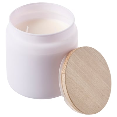 GOLIATTUJA Lavendel-Duftkerze in weißem Glas mit Holzdeckel. Elegantes, rundes Design.