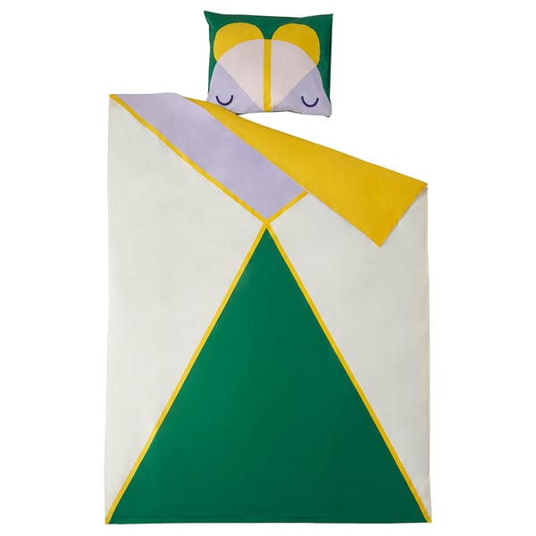 Buntes geometrisches Bettwäsche-Set mit Kissen. Leuchtendes Gelb, Grün und Lavendel. Modernes abstraktes Design.