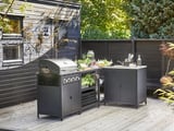 Außenküche mit Grill, Zubereitungstisch, Spüle. Holzhintergrund, Gemüse ausgestellt, grau.