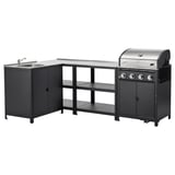 Modernes schwarzes Outdoor-Küchenset mit Spüle, Herd und Grill.