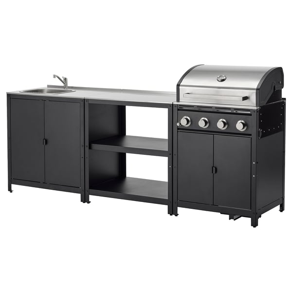 Schwarzes Outdoor-Küchenset mit Spüle, Grill und Stauraum. Edelstahl und pulverbeschichteter Stahl.