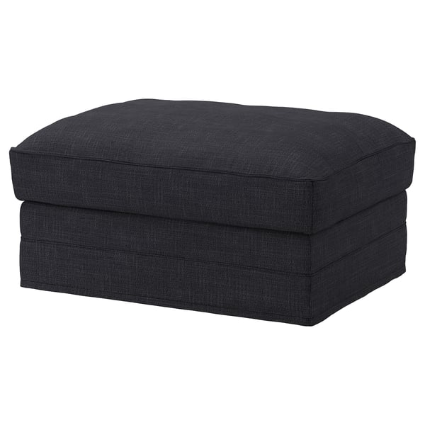 Ein dunkelgrauer, rechteckiger gepolsterter Fußhocker mit glattem, klarem Design.
