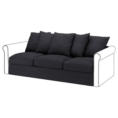 Dunkelgraues GRÖNLID-Sofa, modern und gemütlich, mit weichen Kissen, schlanken Linien und gerollten Armlehnen.
