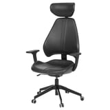 Bürostuhl aus schwarzem Leder, verstellbare Rückenlehne, Armlehnen und Kopfstütze.
