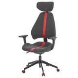 Ein schwarz-roter Gaming-Stuhl, GRUPPSPEL, mit verstellbarem Komfort.