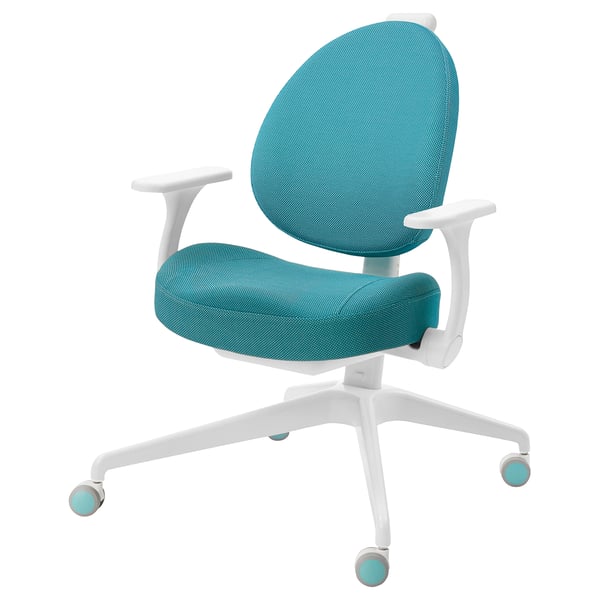 Ein GUNRIK-Stuhl, blaugrün, mit weißem Gestell, ergonomischem Design und verstellbar.