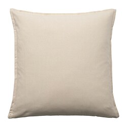 Ein quadratischer GURLI Kissenbezug in Beige aus recycelter Baumwolle. Es hat ein schlichtes Design und einen Reißverschluss.