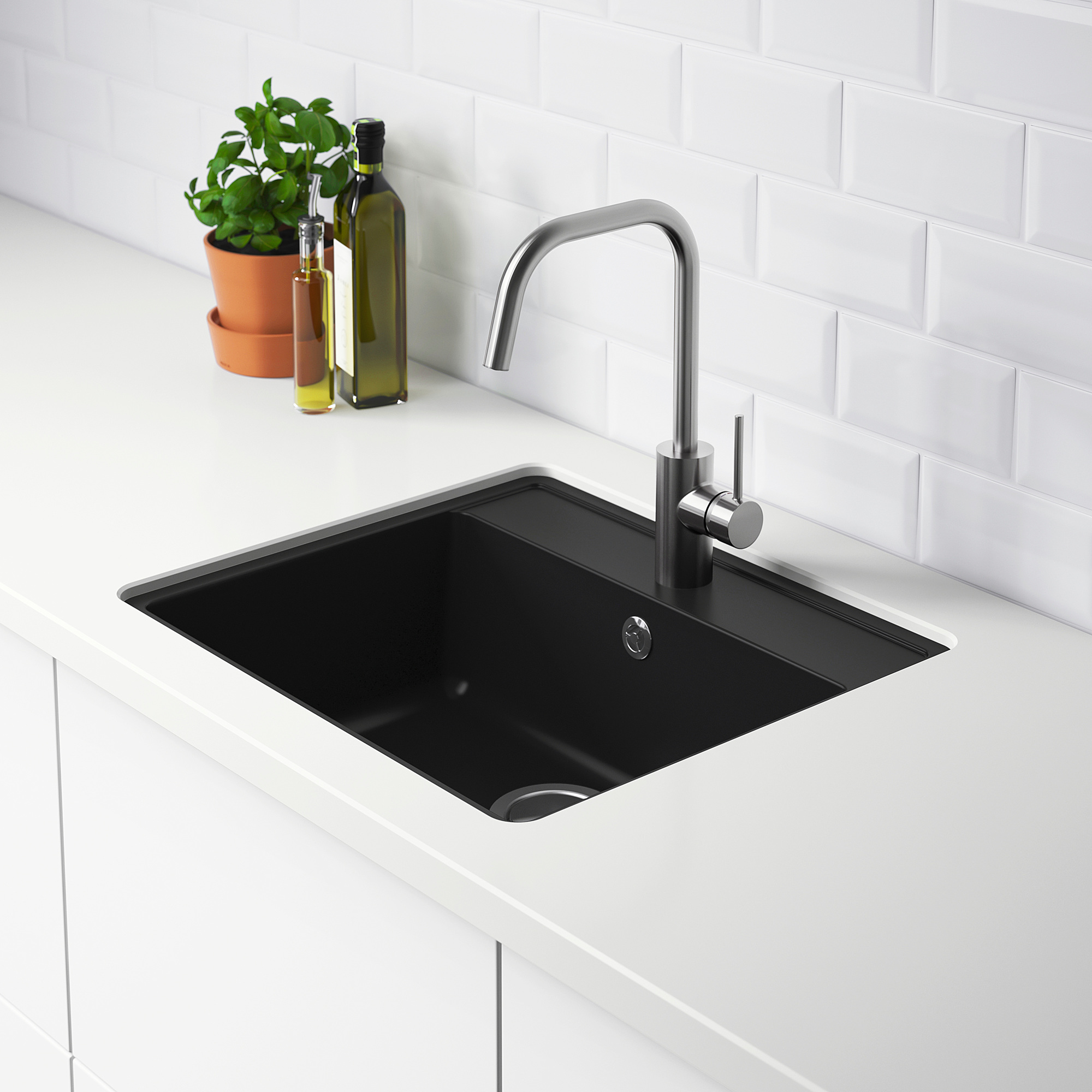 HÄLLVIKEN Einbauspüle, 1 Becken, schwarz Quarzkomposit/für