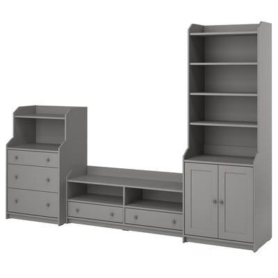 Graues HAUGA-Aufbewahrungsset: Bücherregal, doppeltüriger Schrank, Schreibtisch mit Regalen und Schubladen. Modern & praktisch.