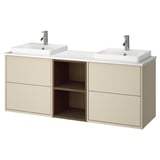 Moderner beiger Waschtisch in Beige mit zwei quadratischen weißen Waschbecken, offenem Regal und Wandmontage.