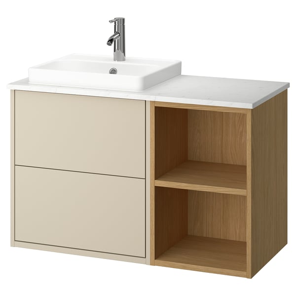 HAVBÄCK beige Badezimmerwaschtisch: modern, beige, Holz und Marmor, offene und geschlossene Aufbewahrung; Wandhalterung.