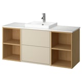 Ein HAVBÄCK Badezimmer-Waschtisch in Beige mit Holzakzenten, einem Keramikwaschbecken und offenem Stauraum.
