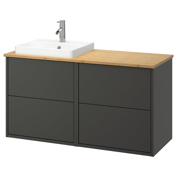 Moderner Waschtisch in Grau und Holz mit quadratischem weißem Waschbecken, verchromtem Wasserhahn und zwei Schubladen.