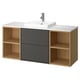Option: Havbaeck Badezimmer-Waschtisch: helles Holz, graue Schubladen, offene Regale, weiße Theke, modernes quadratisches Waschbecken.