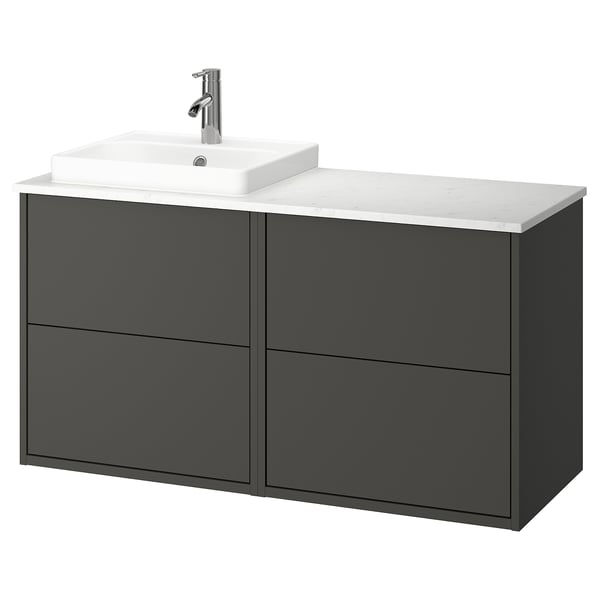 HAVBÄCK: grauer Wandunterschrank für die Spüle. Modernes, minimalistisches Design. Dunkelgraue Schubladen, weiße Arbeitsplatte, quadratisches Waschbecken.