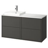 HAVBÄCK: grauer Wandunterschrank für die Spüle. Modernes, minimalistisches Design. Dunkelgraue Schubladen, weiße Arbeitsplatte, quadratisches Waschbecken.