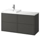 HAVBÄCK: grauer Wandunterschrank für die Spüle. Modernes, minimalistisches Design. Dunkelgraue Schubladen, weiße Arbeitsplatte, quadratisches Waschbecken.