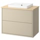 Ein beiger HAVBÄCK-Badezimmerschrank mit Bambusarbeitsplatte und einem weißen Keramikbecken. Der Schrank hat Schubladen und ein modernes Design.