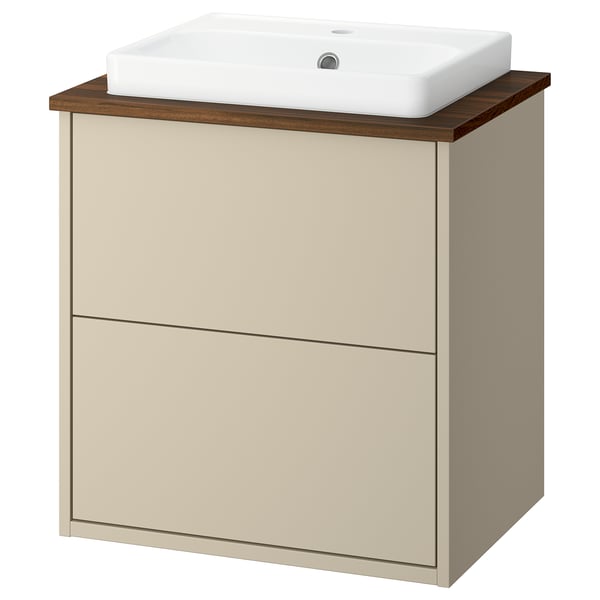 HAVBÄCK beige Badezimmerschrank mit weißem Waschbecken, schlichtes Design.