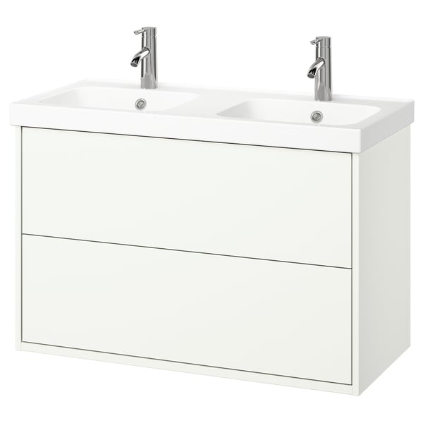 Moderner weißer Waschtisch mit Doppelwaschbecken, wandmontiert mit zwei Schubladen, schlankes Design.