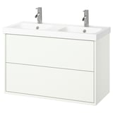 Moderner weißer Waschtisch mit Doppelwaschbecken, wandmontiert mit zwei Schubladen, schlankes Design.