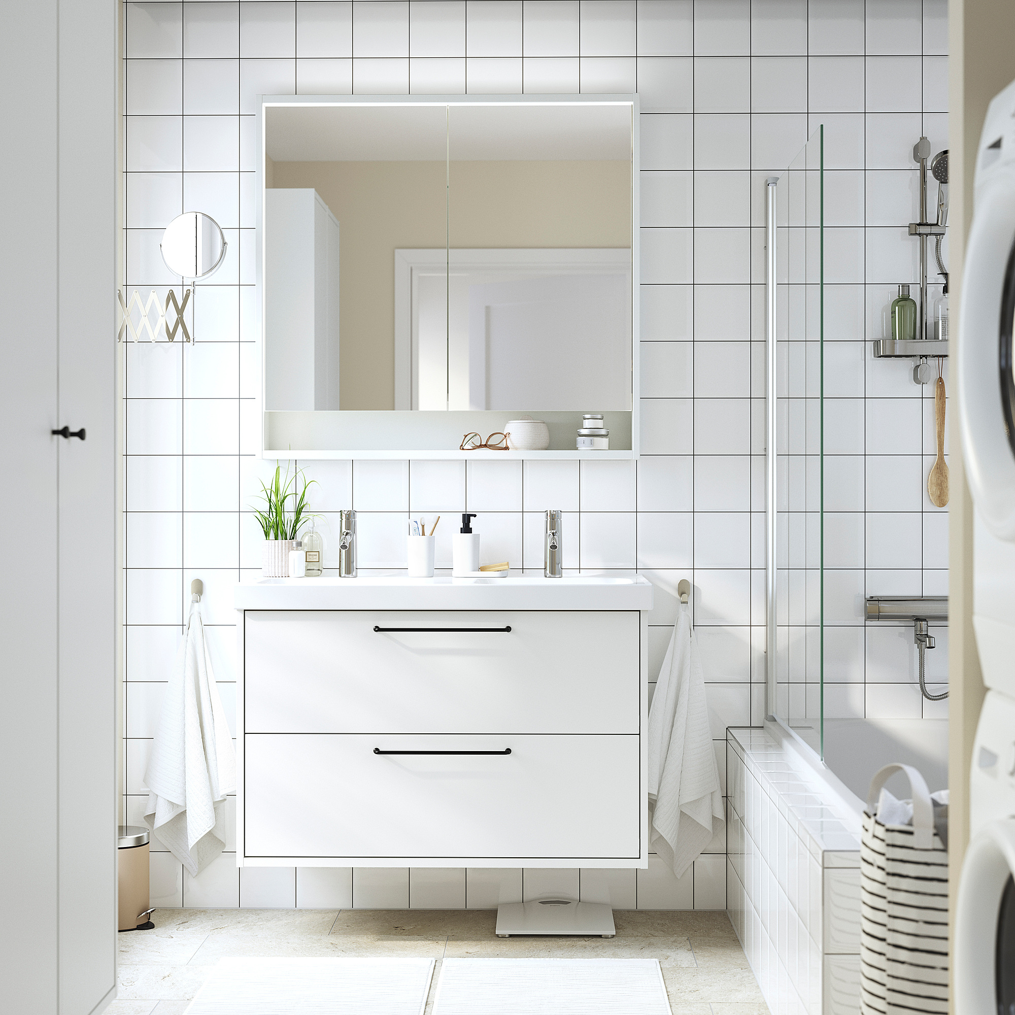 Modernes weißes Badezimmer-Waschtisch-Set: Doppelwaschbecken, zwei Schubladen, Wandmontage, minimalistisches Dekor, geräumiger Spiegel.