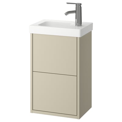 HAVBÄCK beiger Waschtisch, Wandmontage mit zwei Schubladen, Spüle aus weißer Keramik, Mischbatterie aus Chrom.