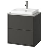HAVBÄCK dunkelgrauer Waschtisch für Badezimmer, schlankes, modernes Design, quadratisches Keramikbecken, Wandschrank mit Schubladen.