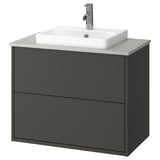 Moderner dunkelgrauer Badezimmerwaschtisch mit weißem Waschbecken und Arbeitsplatte, klares Design, an der Wand montierbar.