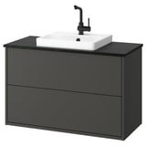 HAVBÄCK Waschtisch: moderner grauer Schrank mit schlanker schwarzer Theke, weißem Waschbecken, Wandmontage-Design.