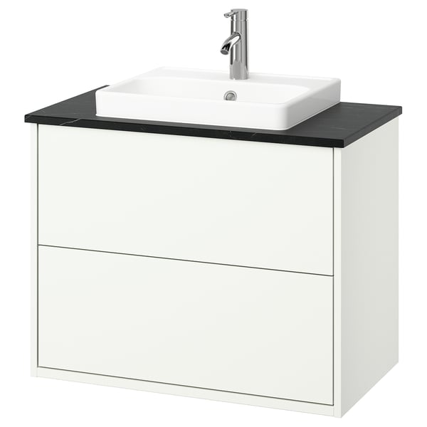 HAVBÄCK weißer Badezimmerschrank, modern, wandmontiert, mattes Finish, Keramikbecken, verchromte Armatur.
