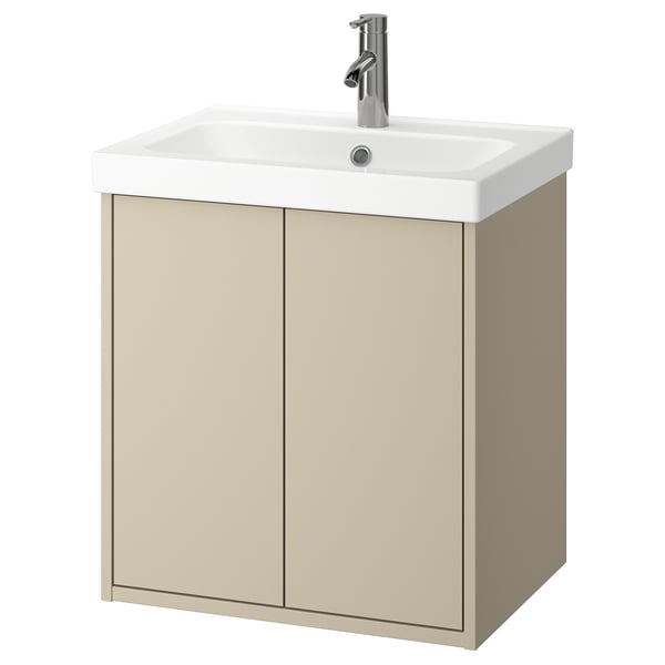 HAVBÄCK beiger wandhängender Waschtischunterschrank mit weißem Keramikwaschbecken, schlank und minimalistisch.