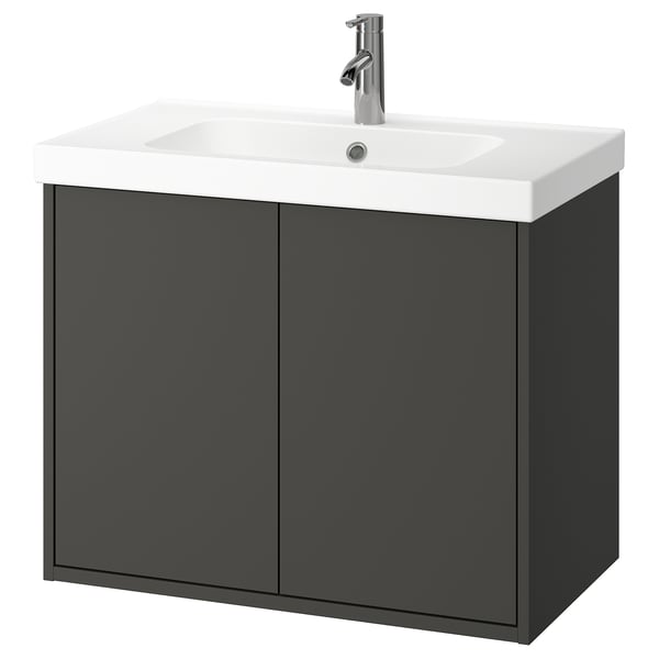 HAVBÄCK dunkelgrauer Waschtisch mit weißem Waschbecken, modernes, minimalistisches Design.