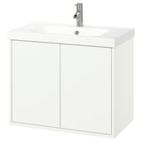 HAVBÄCK weißer Badezimmerschrank, Wandschrank, modernes, minimalistisches Design, mit klaren Linien, aus Spanplatten und Keramikbecken.