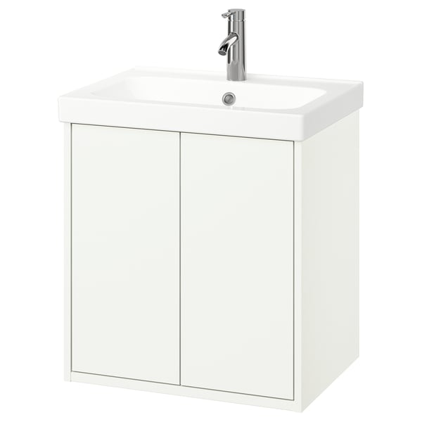 HAVBÄCK weißer Waschtisch für Badezimmer, Wandmontage mit minimalistischem Design, mit Doppeltüren und rechteckigem Waschbecken.
