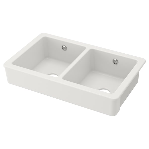 HAVSEN Küchenspüle aus weißer Keramik mit Doppelbecken.